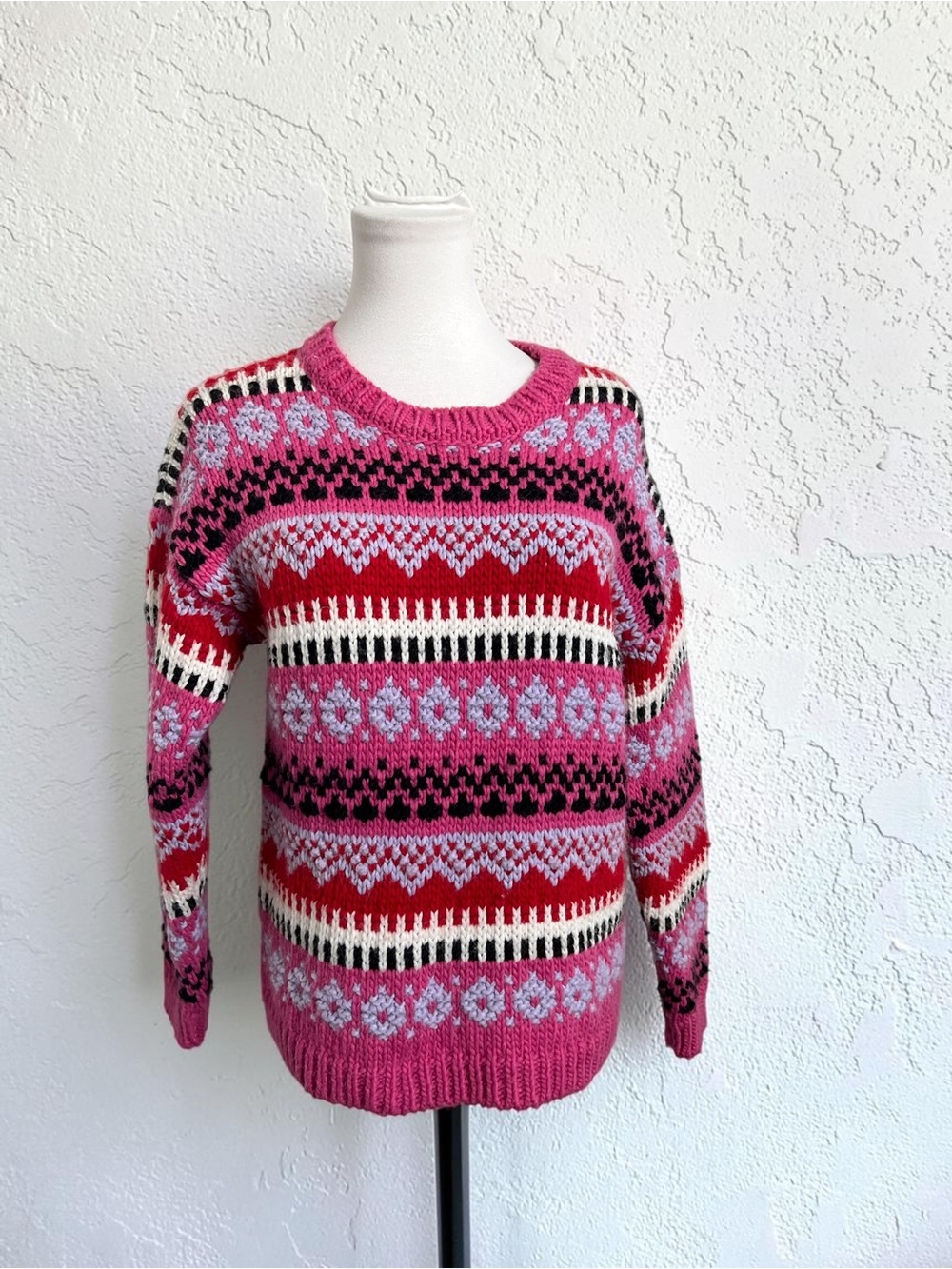 Made in Italy Wool Blend Fair Isle Knit Sweater | Cozy Pink Nordic Crewneck S